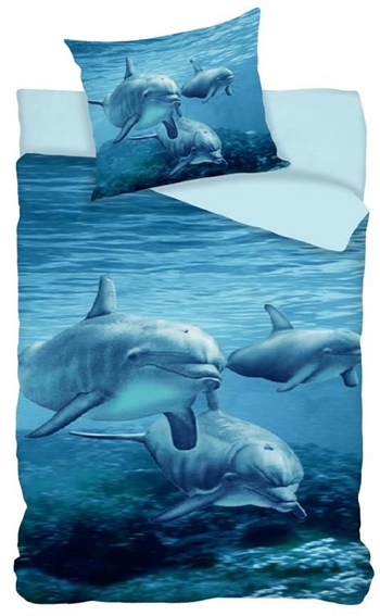 Børnesengetøj 140x200 cm - Svømmende delfiner - Sengetøj med dyr - 100% bomuld